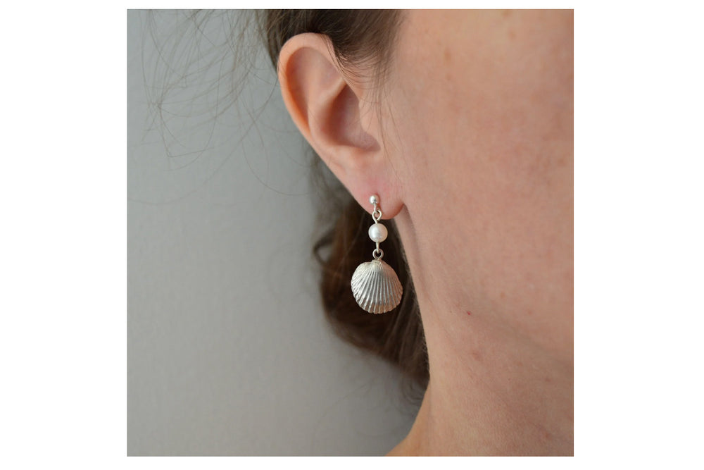 Sterling Silver Scallop Shell Studs with Pearls